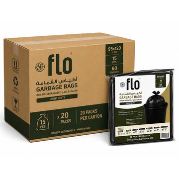 FLO Light Duty Garbage 15 Bag Black L | 95X120CM 60 Gallons  | Pack of 20