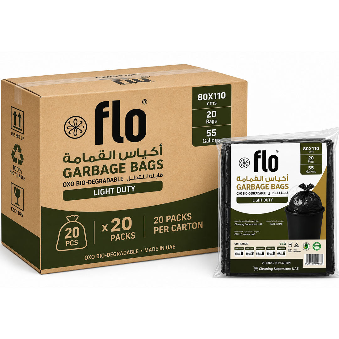 FLO Light Duty Garbage 20 Bag Black M | 80X110CM | Pack of 20