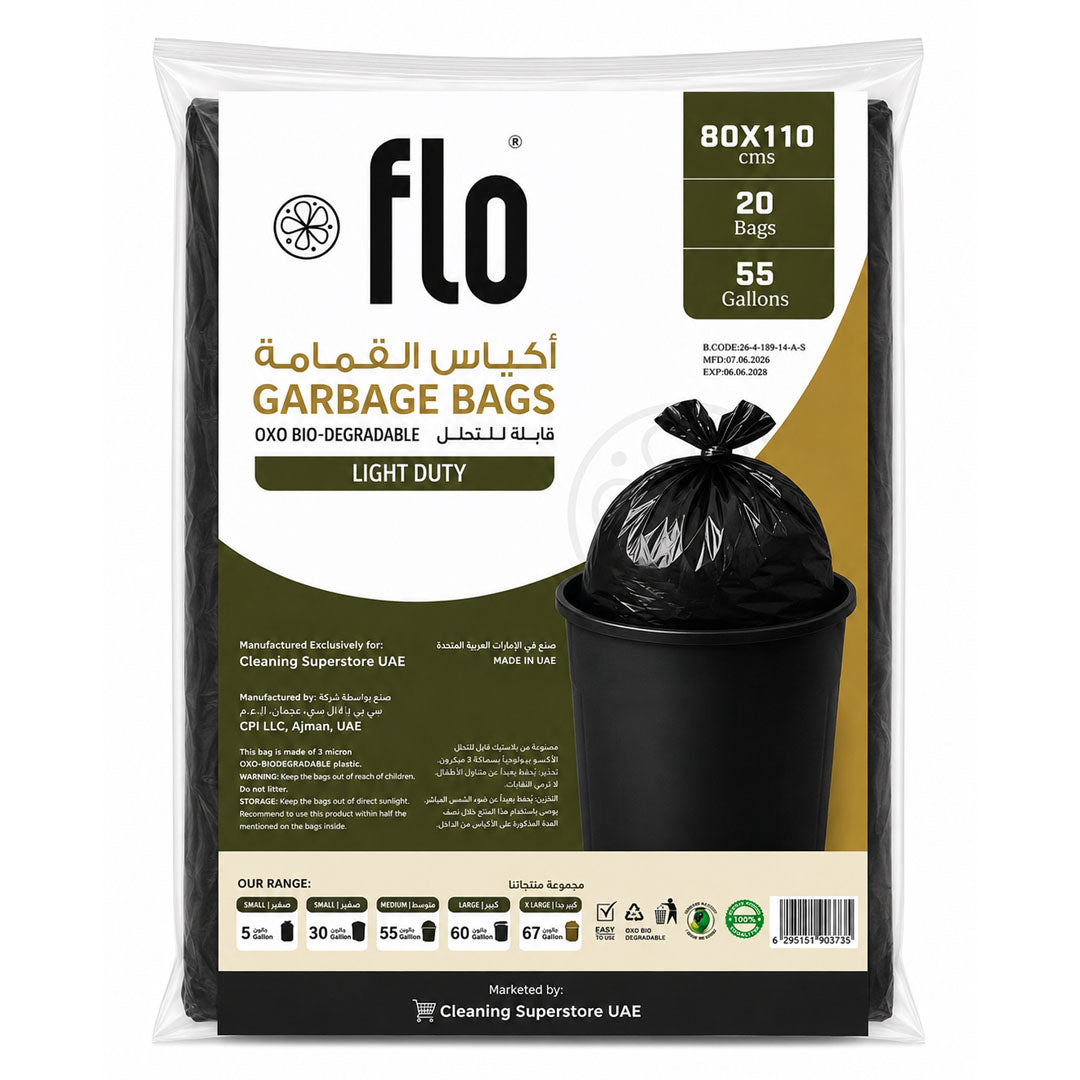FLO Light Duty Garbage 20 Bag Black M | 80X110CM