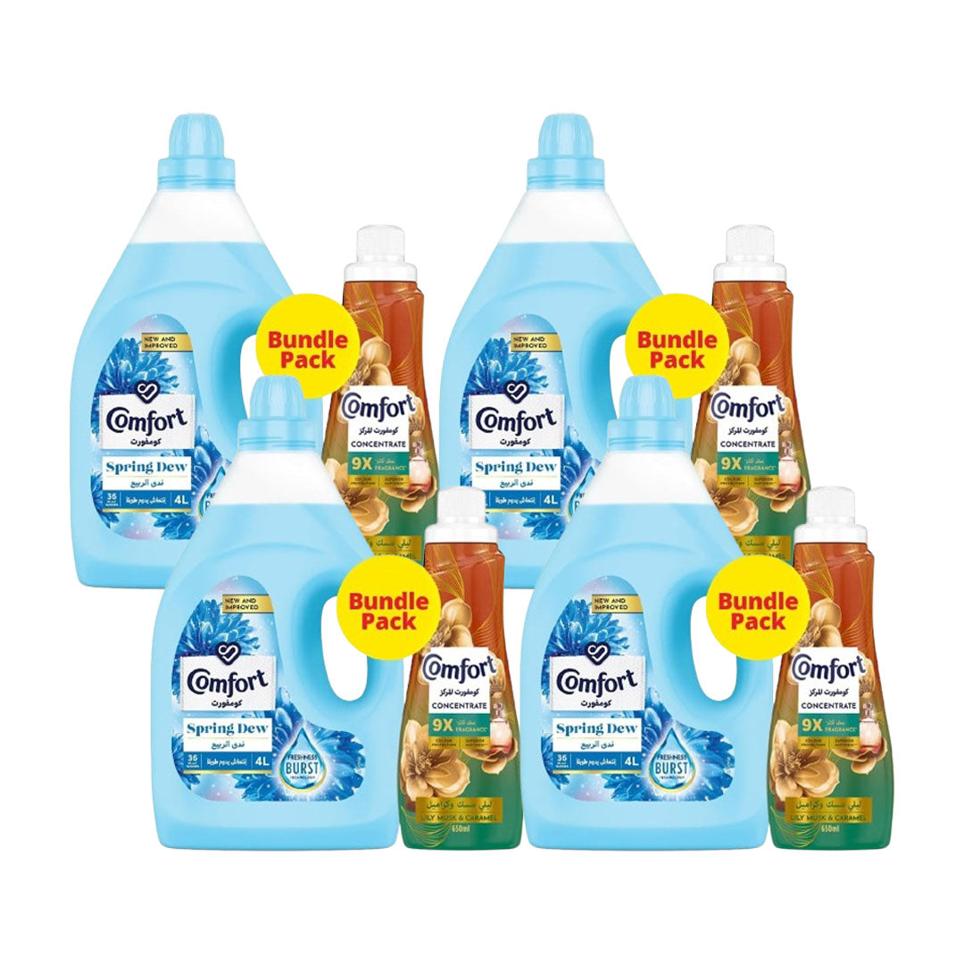 كومفورت ديلو سبرينغ ديو 4 لتر + منعم الأقمشة ليلي مسك 650 مل | عبوة من 4 قطع