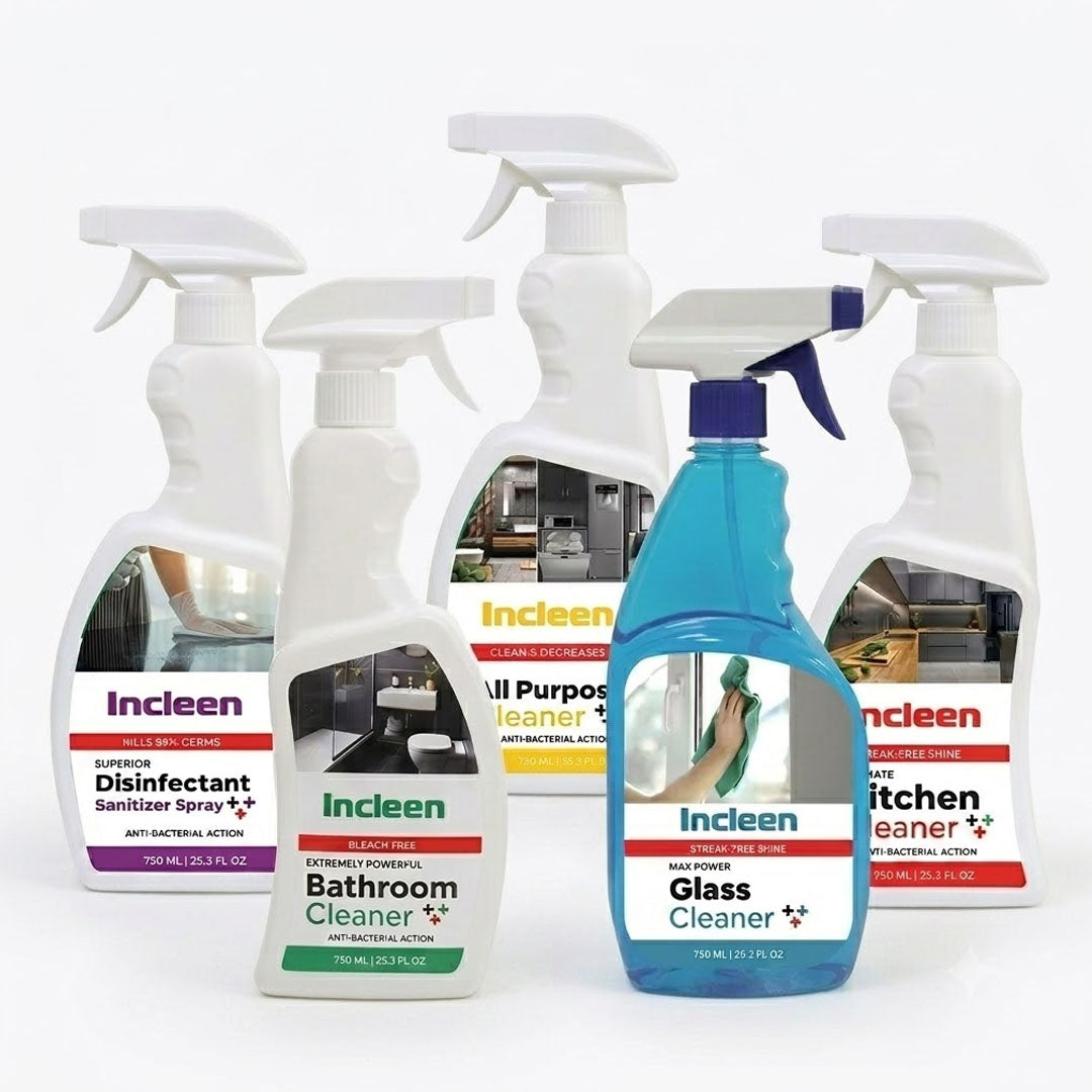 Incleen Trigger Bundle (Kitchen, Bathroom, All Purpose, Disinfectant Sanitizer, Glass Cleaner) 750ml x 5