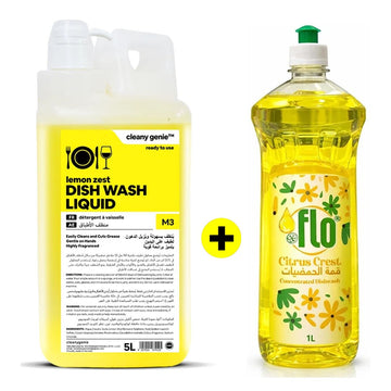 M3 Dishwash Liquid 5L Lemon Zest + FLO Concentrated Dishwash Citrus Crest 1L Free