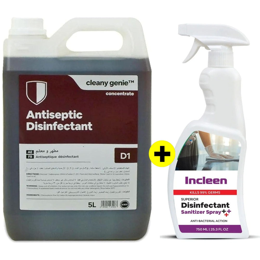 D1 Antiseptic Disinfectant 5L + FREE INCLEEN Sanitizer Spray 750ML