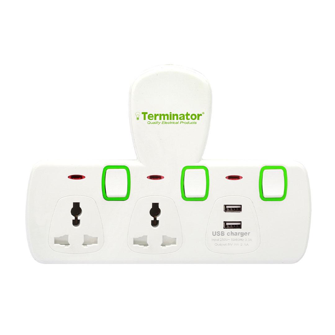 Terminator 2 Way Universal T-Socket With 2 USB 2.1AH Individual Switch and Indicator Esma Approved