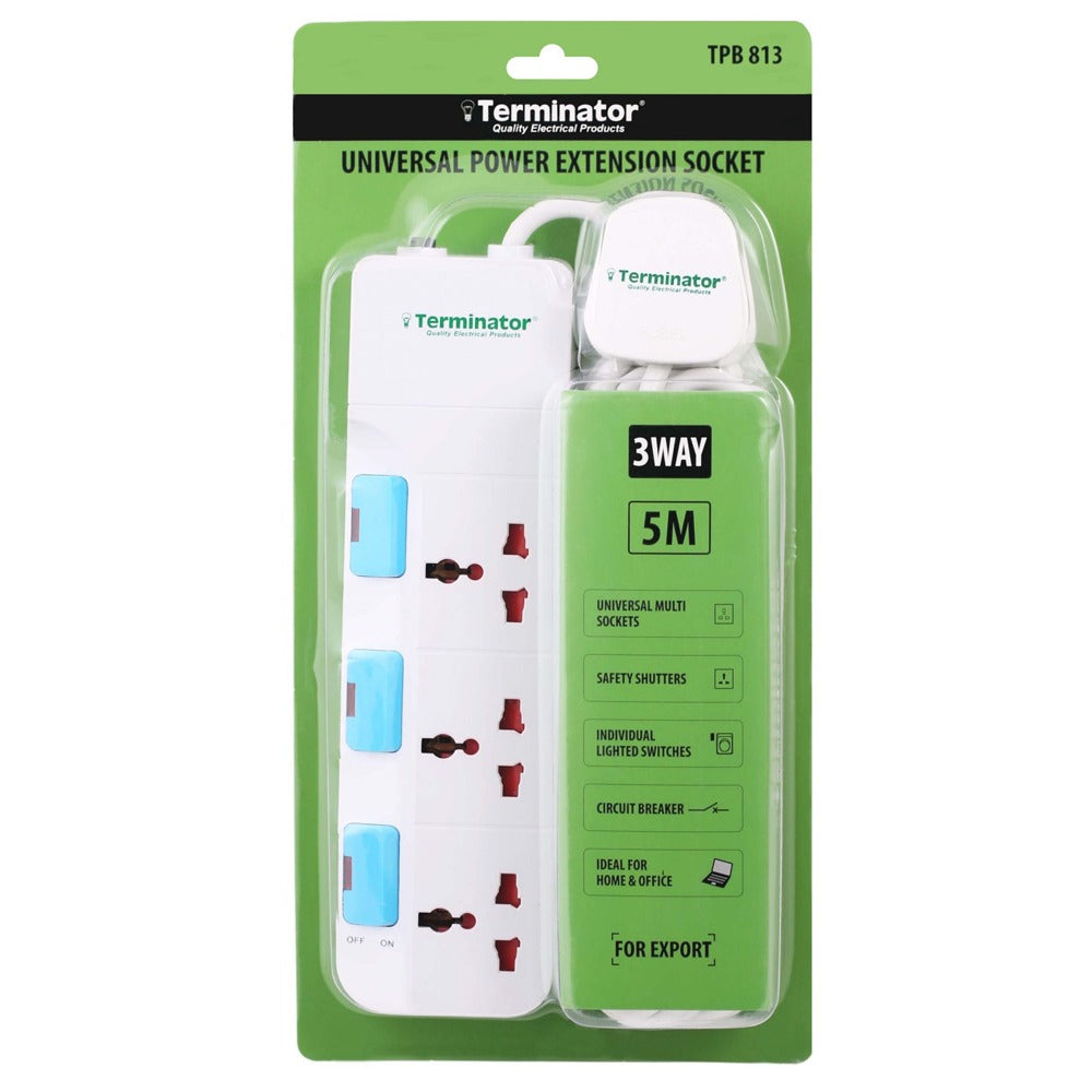 Terminator 3 Way Universal Power Extension Socket 5M Cable 13A