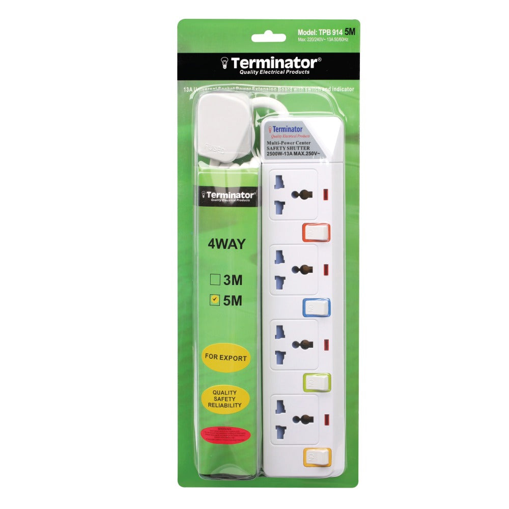 Terminator 4 Way Universal Power Extension Socket with  Switches & Indicator 5M 13A