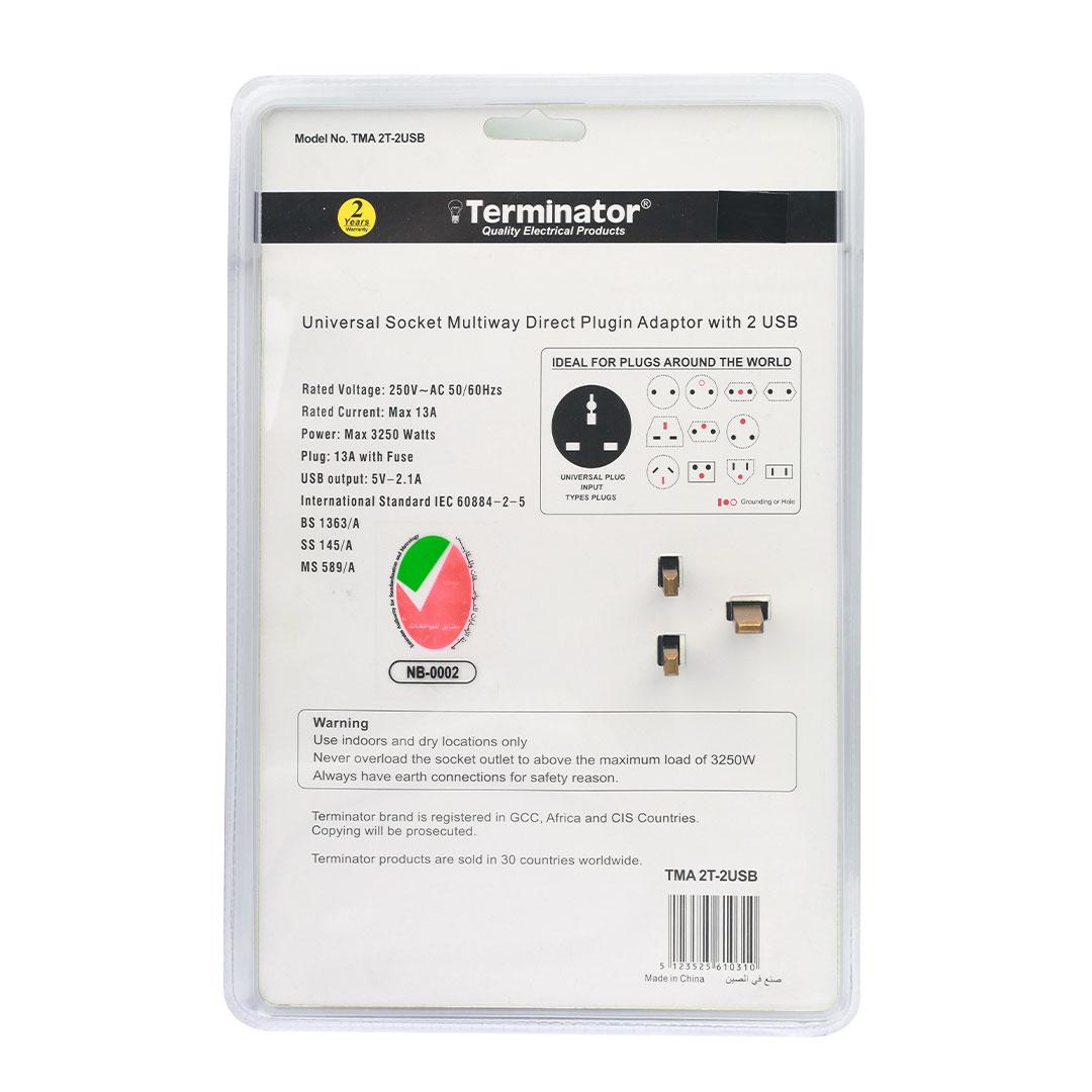 Terminator 2 Way Universal T-Socket With 2 USB 2.1AH Individual Switch and Indicator Esma Approved
