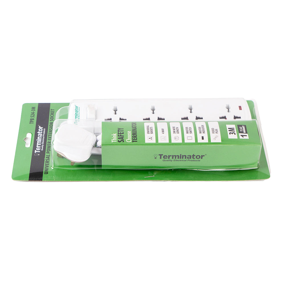 Terminator 4 Way Universal Power Extension Socket with  Switches & Indicator 3M
