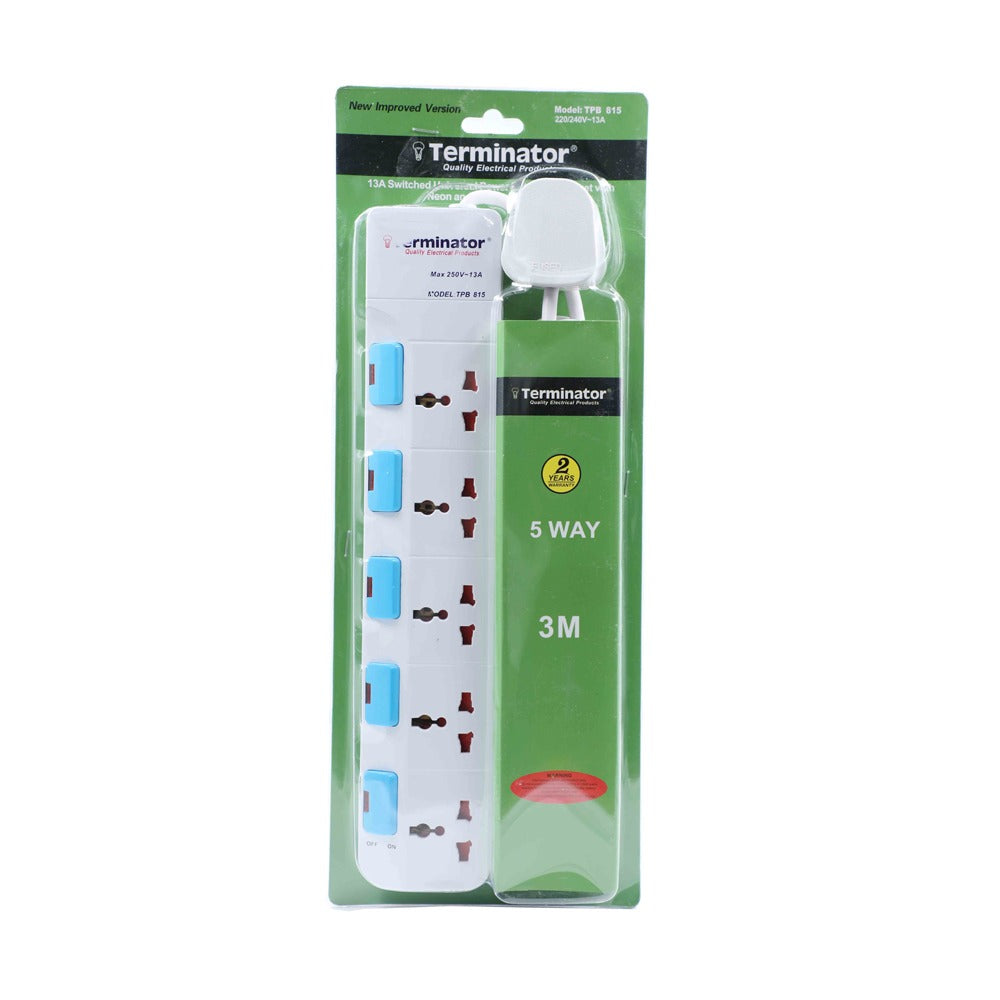 Terminator 4 Way Universal Power Extension Socket with Individual Switches & Indicators Circuit Breaker, 3M Cable 13A Fused Plug Esma Approved