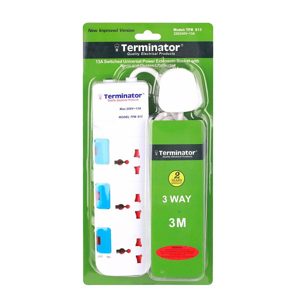 Terminator 3 Way Universal Power Extension Socket 3M Cable 13A