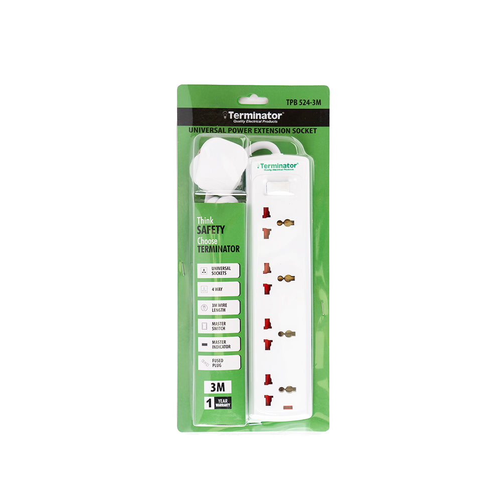 Terminator 4 Way Universal Power Extension Socket with  Switches & Indicator 3M