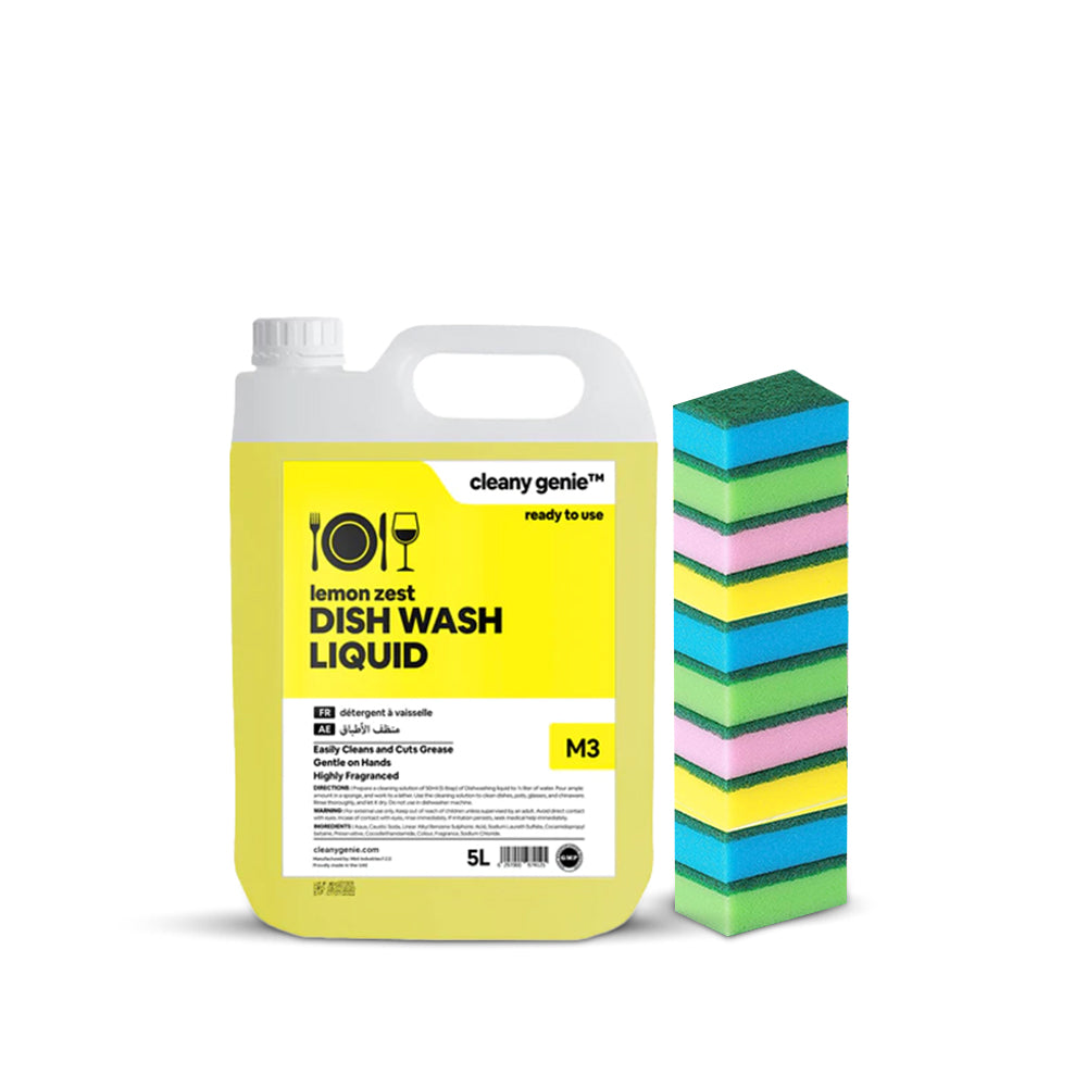 M3 Dishwashing Liquid Lemon 5L + Sponge 10 Pcs