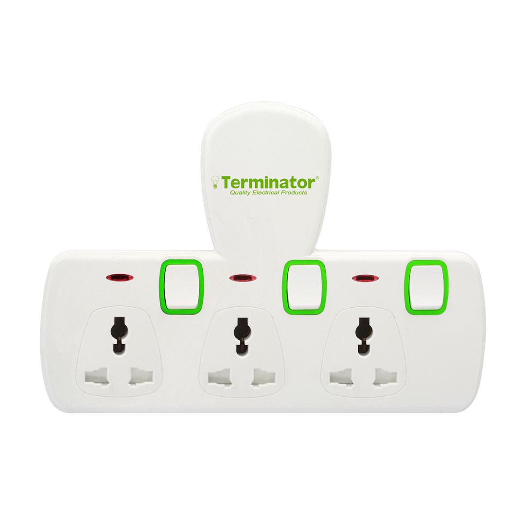 Terminator 3 Way Universal T-Socket Multi Adaptor with Individual Switches and Indicators 13A Esma Approved