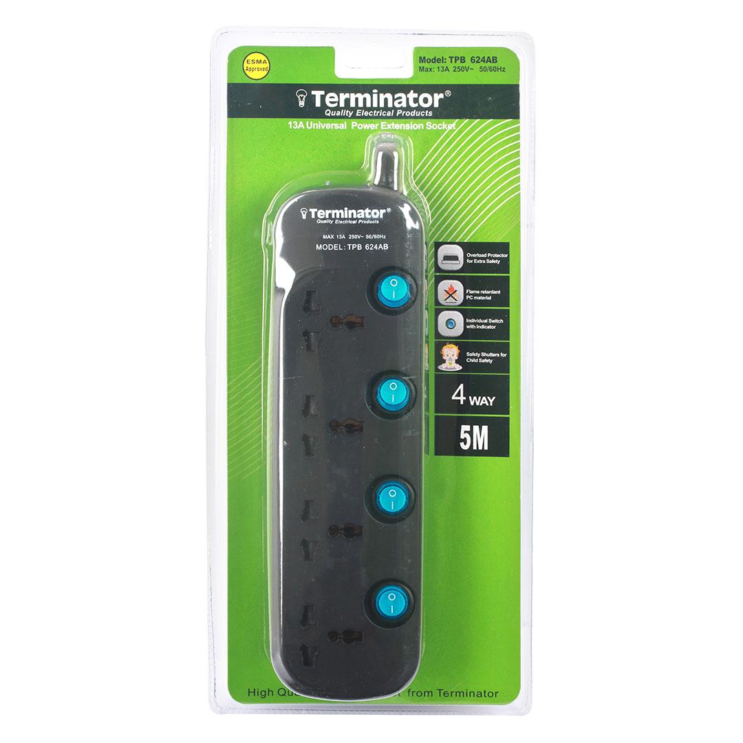 Terminator 4 Way Universal Power Extension Socket 3X1.25MM2 Black Body & Blue Switch 5M Cable 13A Plug Esma Approved