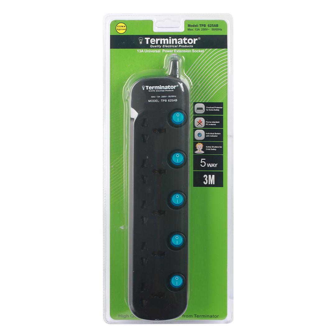 Terminator 5 Way Universal Power Extension Socket 3X1.25MM2 Black Body & Blue Switch 3M Cable 13A Plug Esma Approved