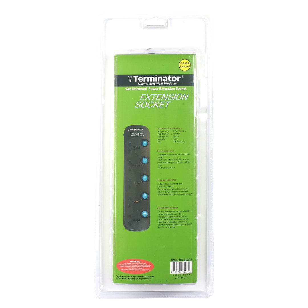 Terminator 5 Way Universal Power Extension Socket 3X1.25MM2 Black Body & Blue Switch 3M Cable 13A Plug Esma Approved