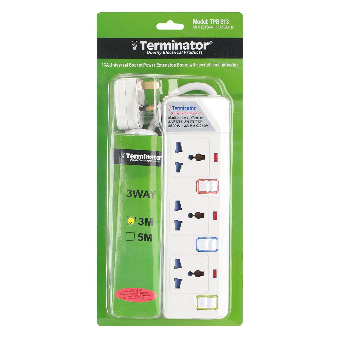 Terminator 3 Way Universal Power Extension Socket with Indicator 1.00MM 2 Wire 3M Cable 13A
