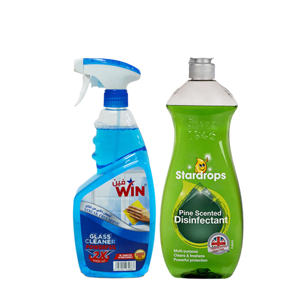 Win Glass Cleaner 750ml + Stardrops Pine Scented Disinfectant 750ml Combo pack