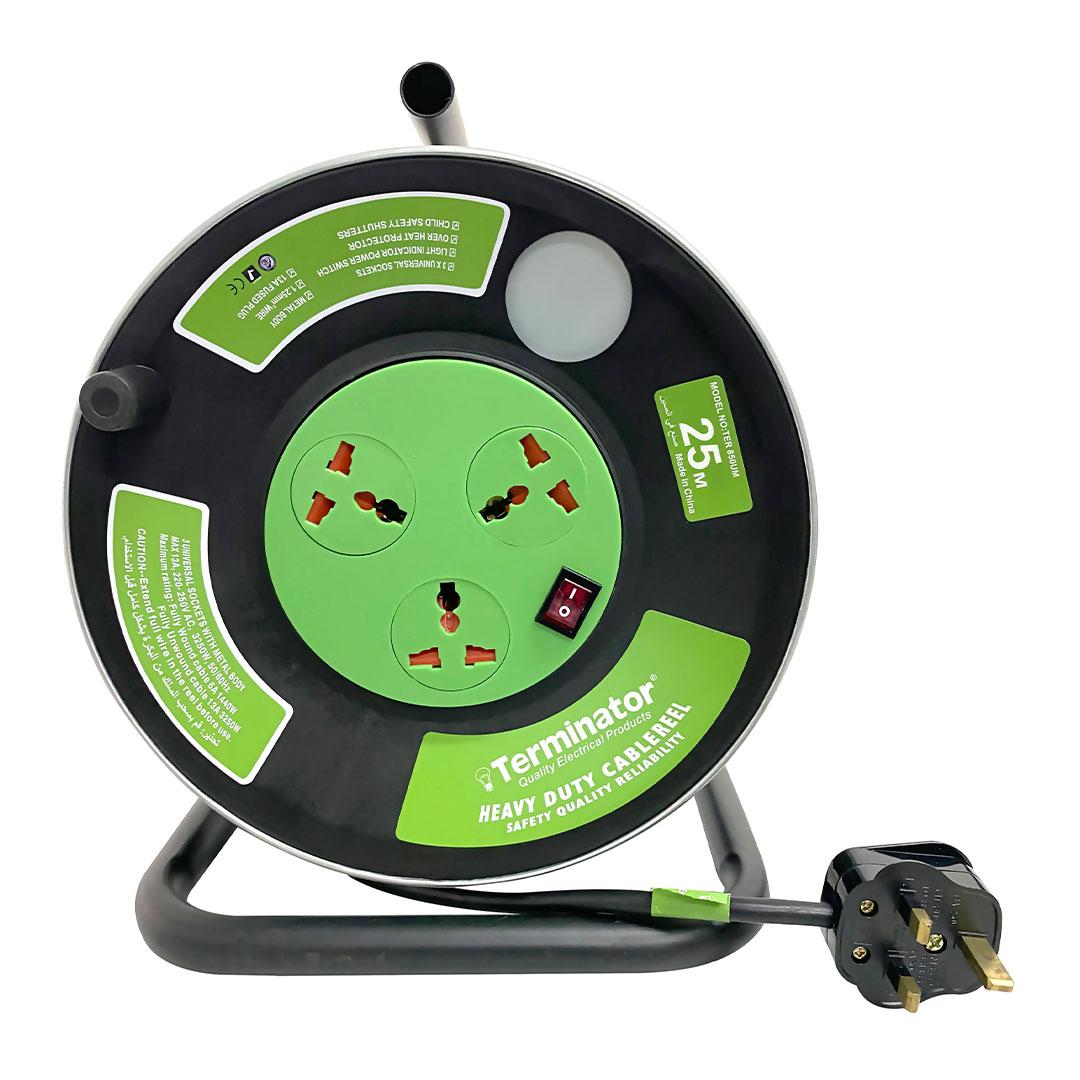 المنهي 3 طريق الجامعة. تحويلة. بكرة مقبس مع مفتاح مضاء 1.25 ملم 2 سلك وبكرة معدنية ومصراع أمان 25 متر