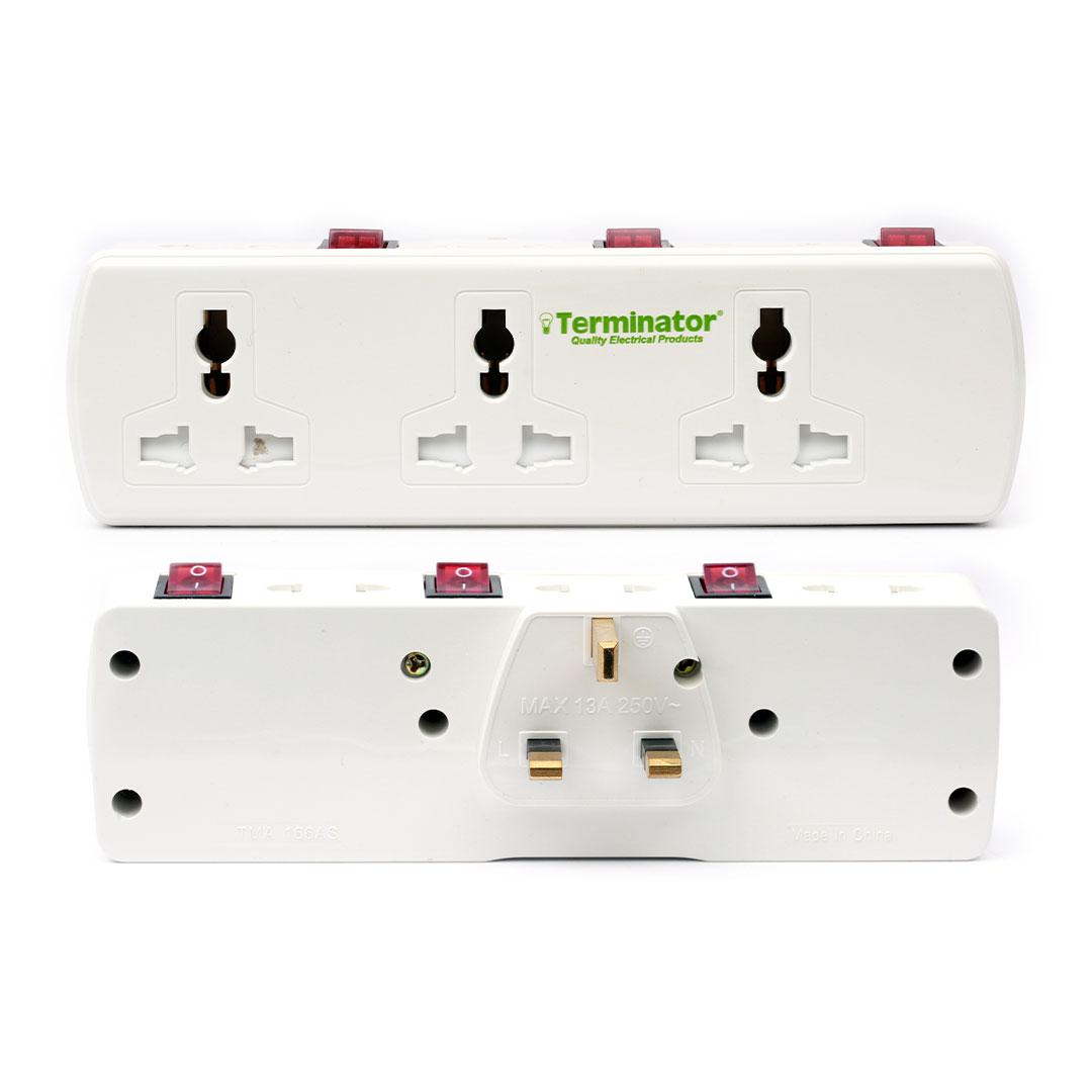 Terminator 6 Way Universal T-Socket With Three Switches and Indicator Esma Approved