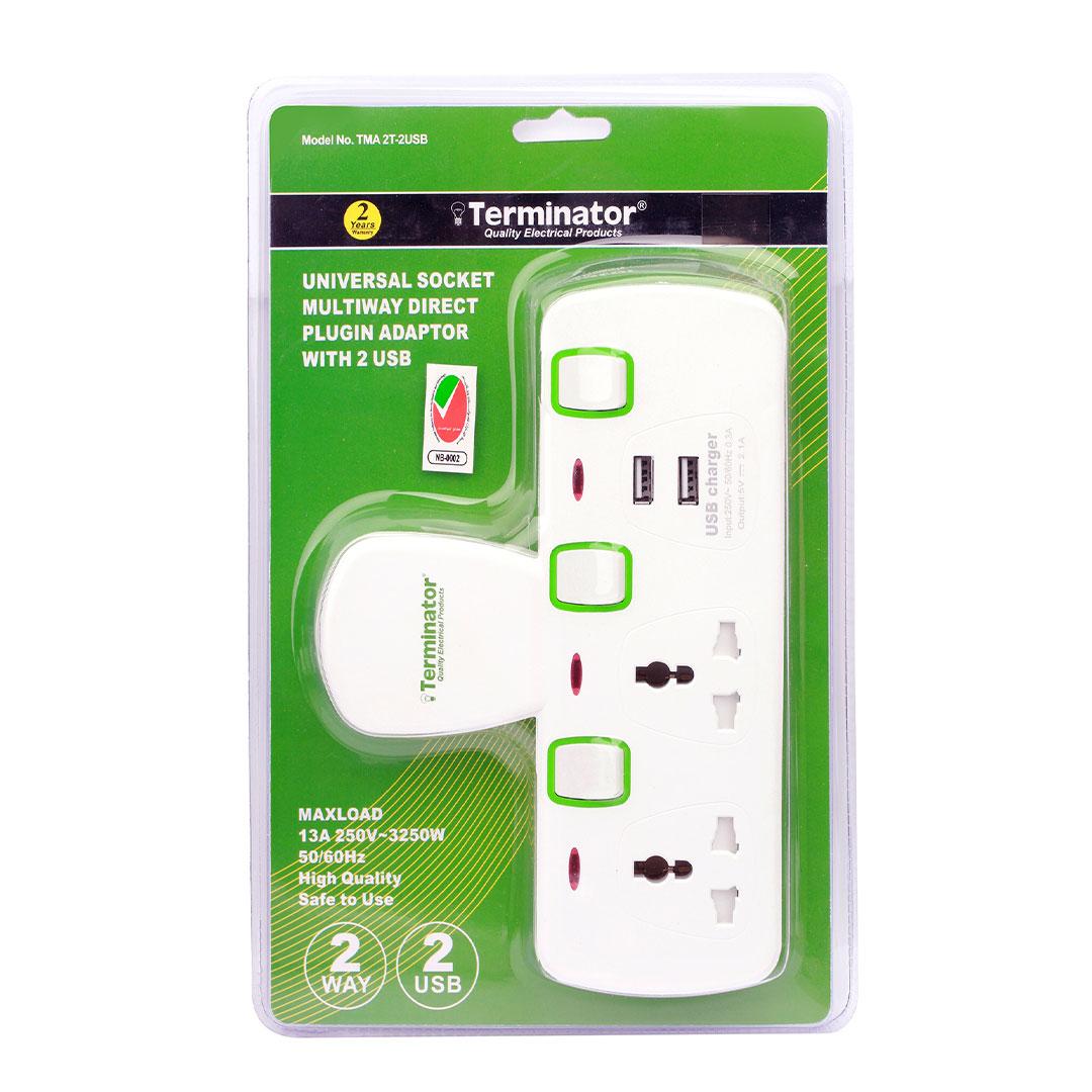 Terminator 2 Way Universal T-Socket With 2 USB 2.1AH Individual Switch and Indicator Esma Approved