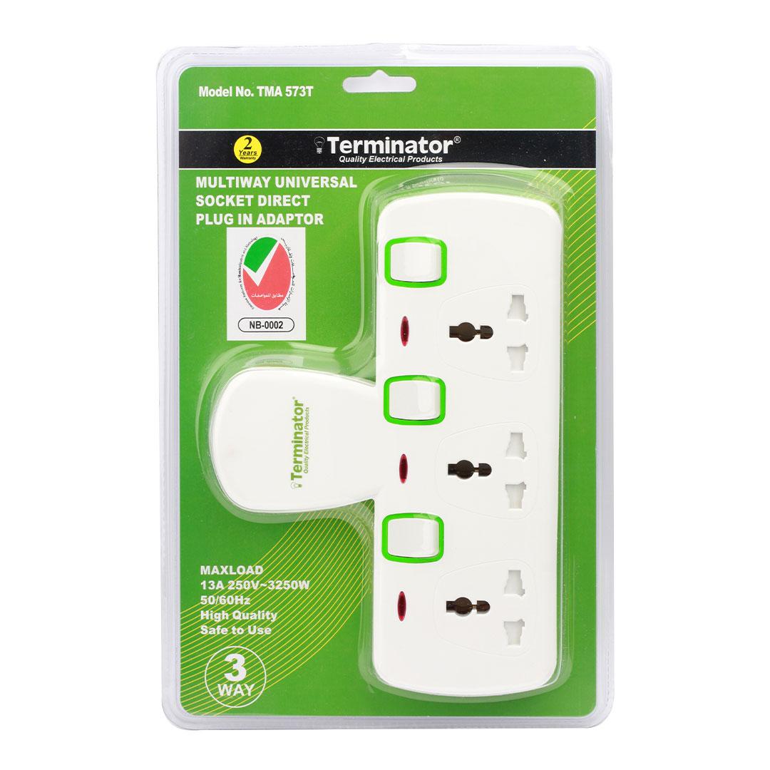 Terminator 3 Way Universal T-Socket Multi Adaptor with Individual Switches and Indicators 13A Esma Approved