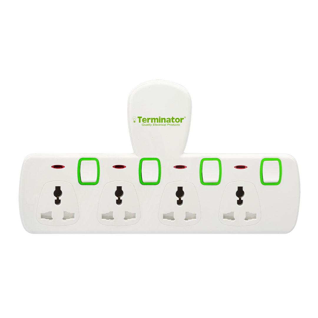 Terminator 4 Way Universal T-Socket Multi Adaptor with Individual Switches and Indicators 13A Esma Approved