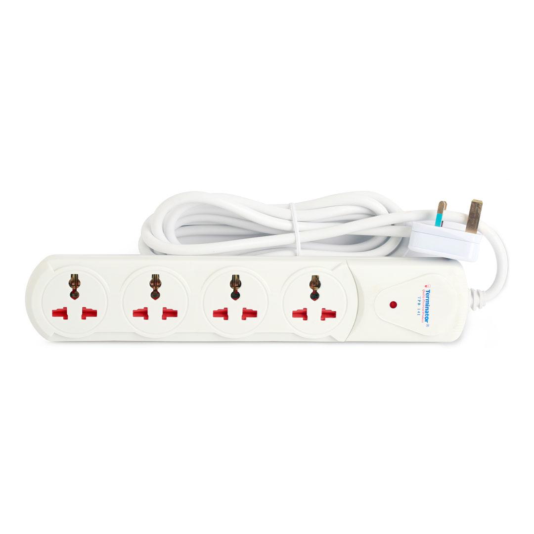 Terminator 4 Way Universal Power Extension Socket with Indicator 1.00MM 2 Wire Off White Body 2M Cable 13A Plug