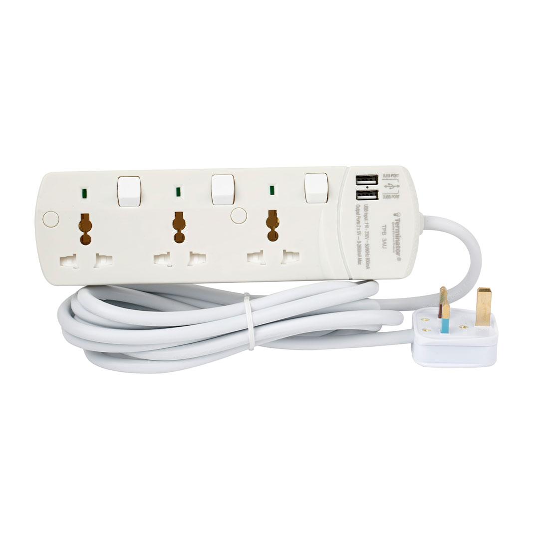 مقبس تمديد الطاقة العالمي 3 اتجاهات من Terminator مع مفاتيح ومؤشرات فردية 2USB 3M 13A معتمد من Esma