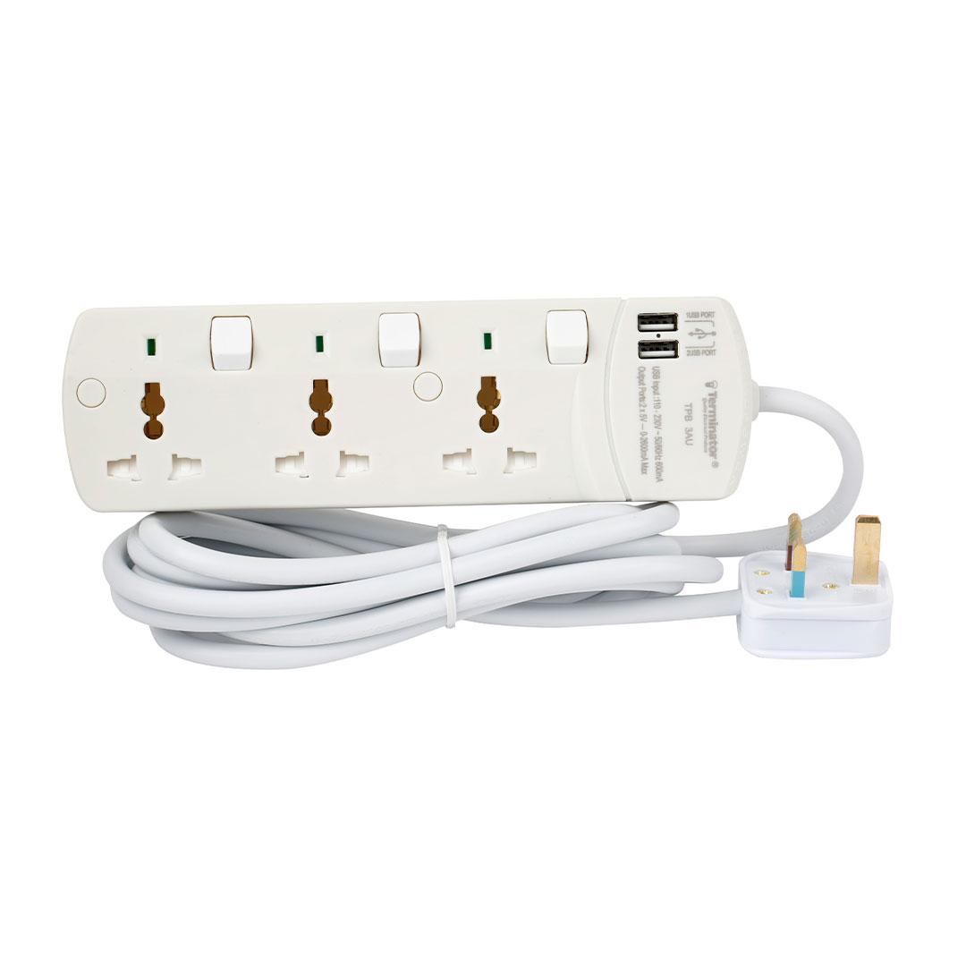 Terminator 3 Way Universal Power Extension Socket with Individual Switches & Indicators 2USB 3M 13A Esma Approved