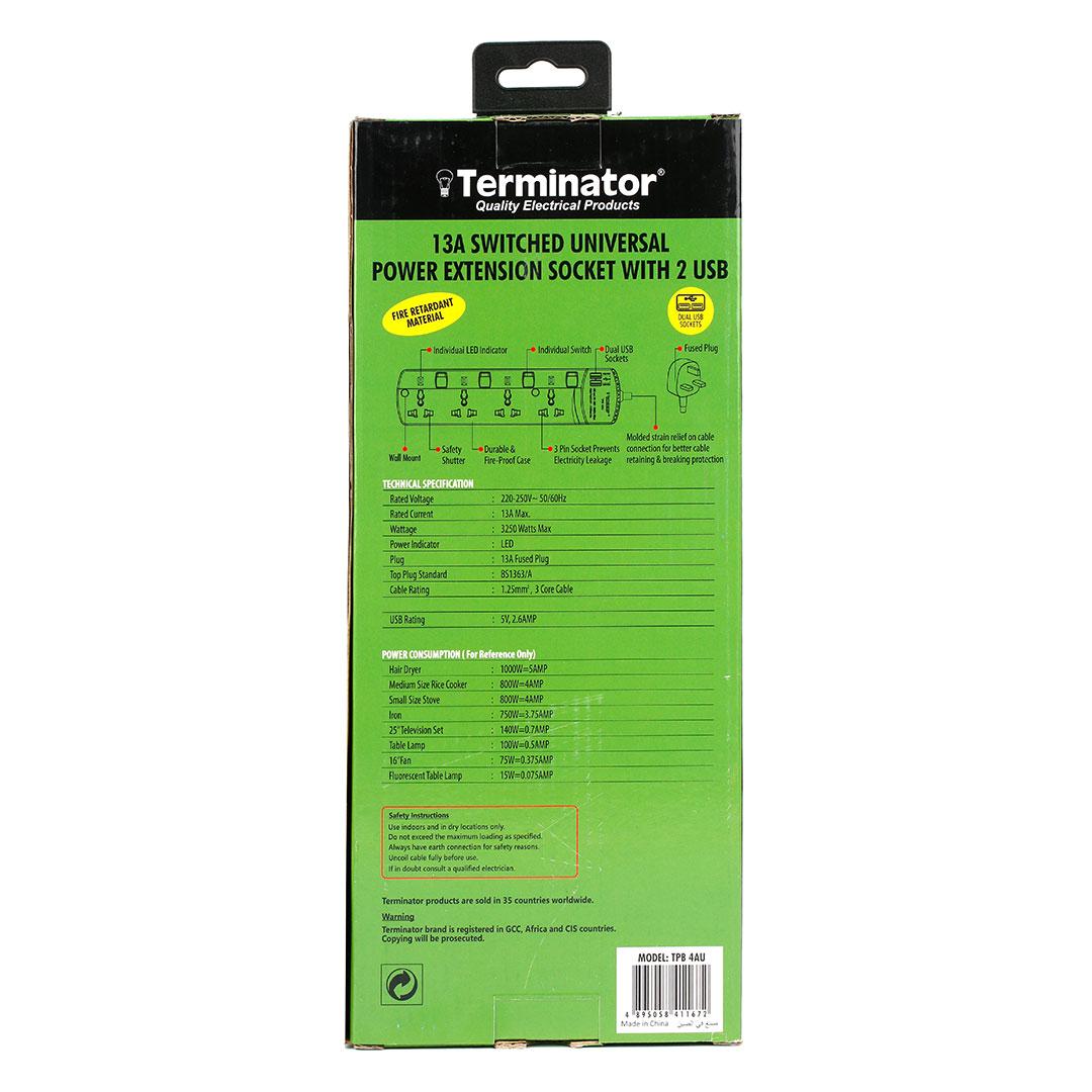 Terminator 4 Way Universal Power Extension Socket with Individual Switches & Indicators 2USB 3M 13A Esma Approved