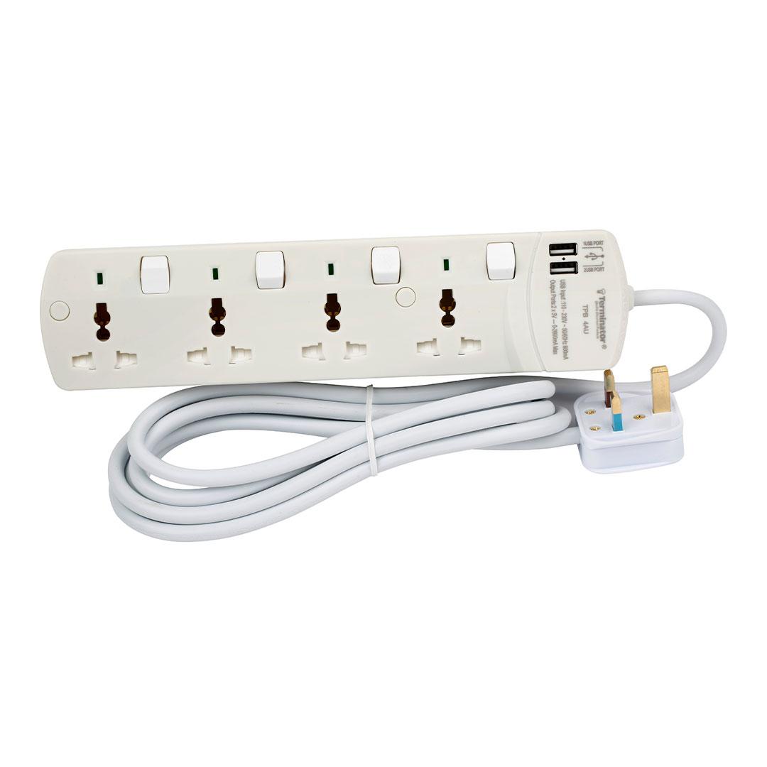 Terminator 4 Way Universal Power Extension Socket with Individual Switches & Indicators 2USB 3M 13A Esma Approved