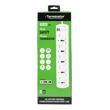 Terminator 5 Way Universal Power Extension Socket with Individual Switches & Indicators 2USB 3M 13A Esma Approved