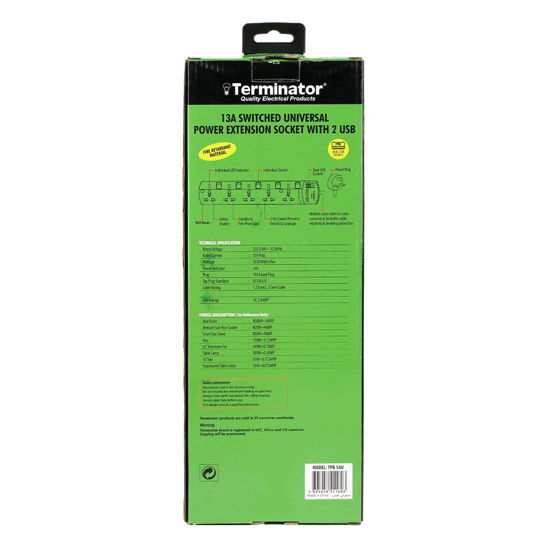 Terminator 5 Way Universal Power Extension Socket with Individual Switches & Indicators 2USB 3M 13A Esma Approved