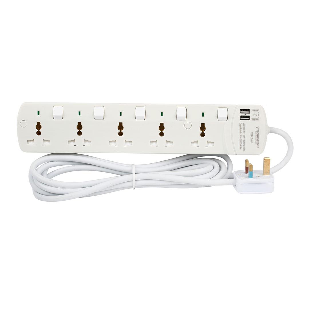 Terminator 5 Way Universal Power Extension Socket with Individual Switches & Indicators 2USB 3M 13A Esma Approved