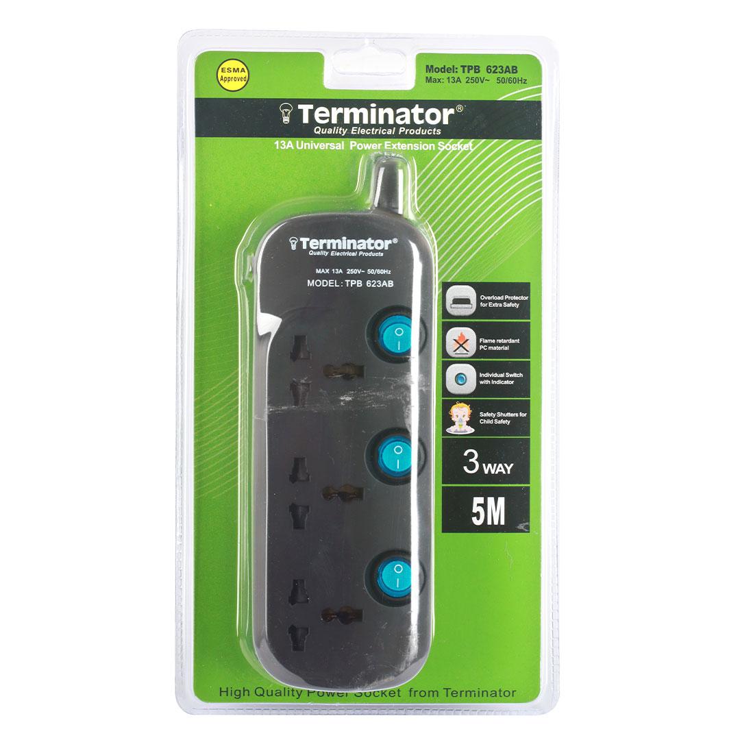 Terminator 3 Way Universal Power Extension Socket 3X1.25MM2 Black Body & Blue Switch 5M Cable 13A Plug Esma Approved