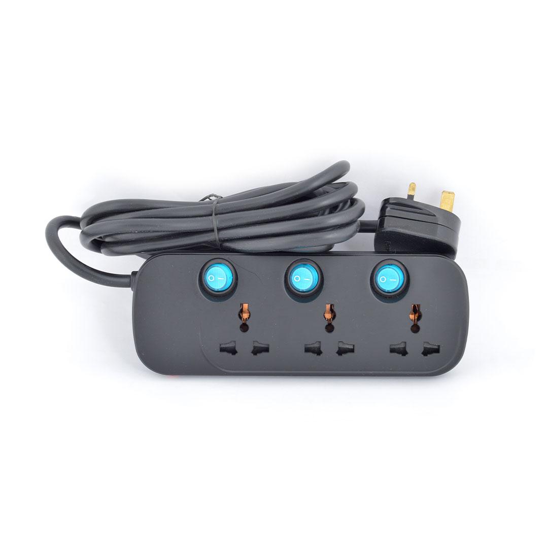 Terminator 3 Way Universal Power Extension Socket 3X1.25MM2 Black Body & Blue Switch 3M Cable 13A Plug Esma Approved