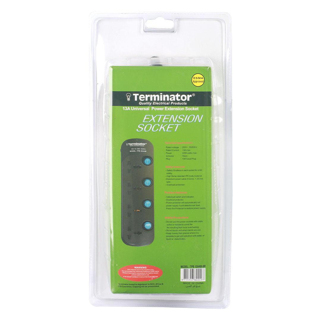 Terminator 4 Way Universal Power Extension Socket 3X1.25MM2 Black Body & Blue Switch 5M Cable 13A Plug Esma Approved