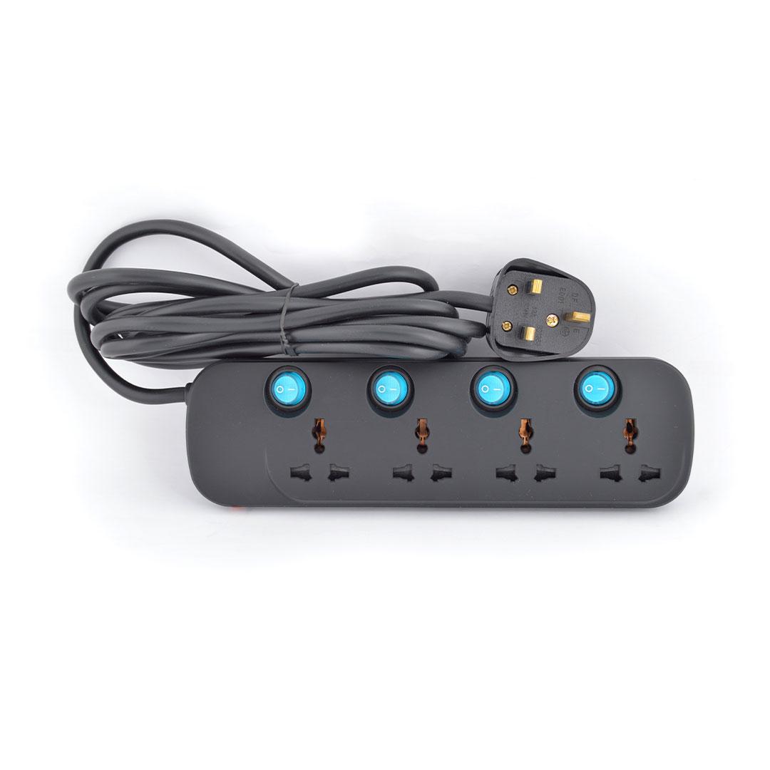 Terminator 4 Way Universal Power Extension Socket 3X1.25MM2 Black Body & Blue Switch 5M Cable 13A Plug Esma Approved