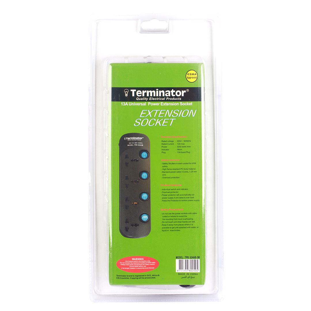 Terminator 4 Way Universal Power Extension Socket 3X1.25MM2 Black Body & Blue Switch 3M Cable 13A Plug Esma Approved