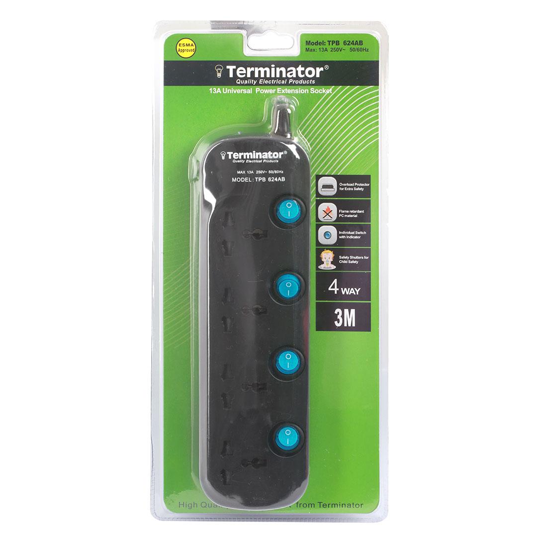 Terminator 4 Way Universal Power Extension Socket 3X1.25MM2 Black Body & Blue Switch 3M Cable 13A Plug Esma Approved