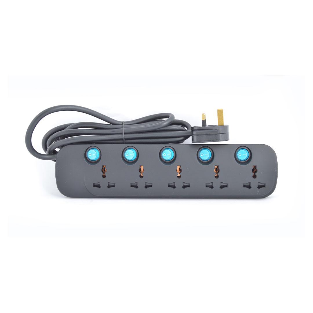 Terminator 5 Way Universal Power Extension Socket 3X1.25MM2 Black Body & Blue Switch 3M Cable 13A Plug Esma Approved