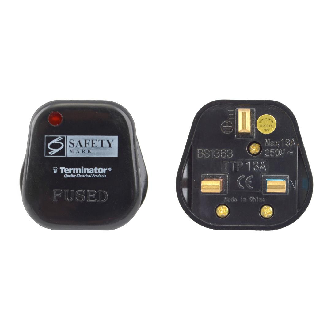 Terminator 13A UK Top Plug with Fuse and Indicator (Black) Esma & G-Mark Approved